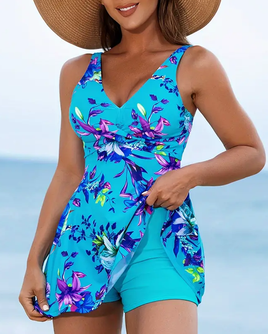 Angela® | Floral V-Neck High-Waisted Swim Dress