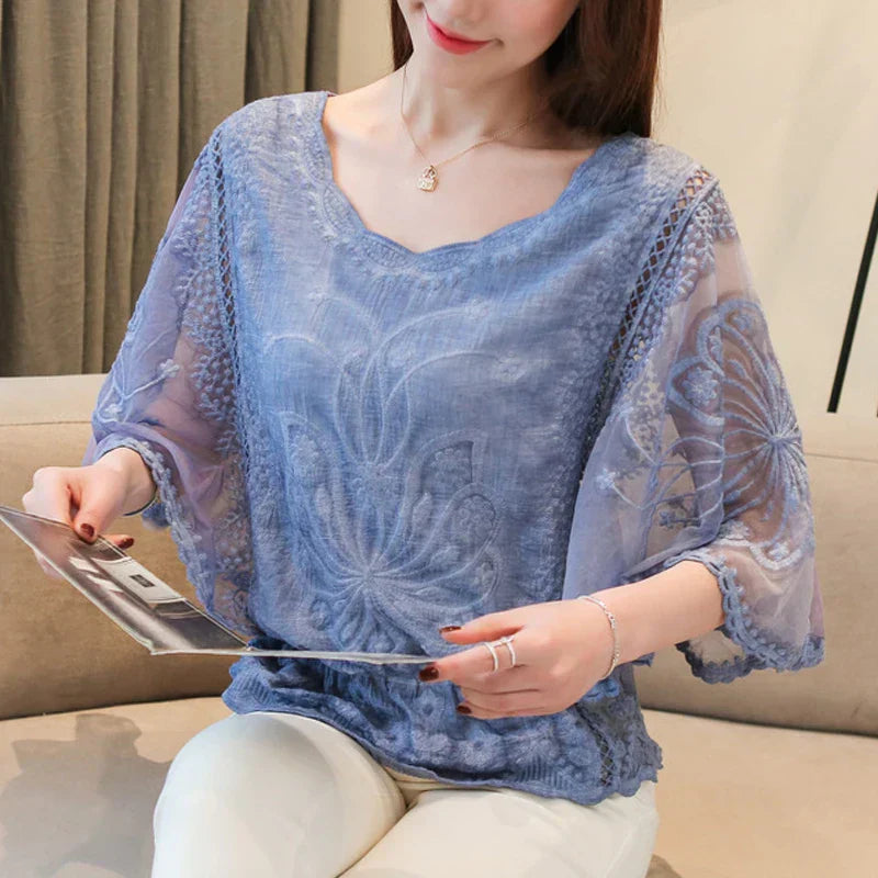 Lauriane® | Blouse With Cotton Lace And Butterfly Flower Pattern