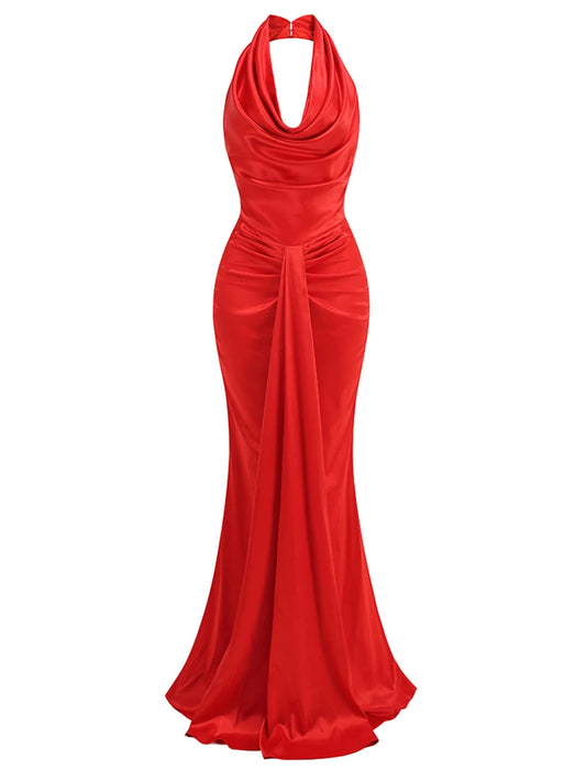 Red Backless Halter V-Neck Maxi Bodycon Party Dress
