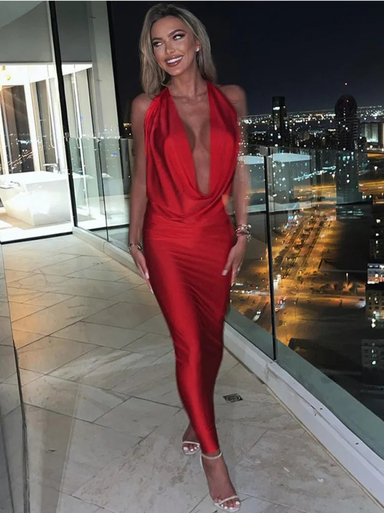 Elegant Satin Deep V Neck Sleeveless Maxi Party Dress
