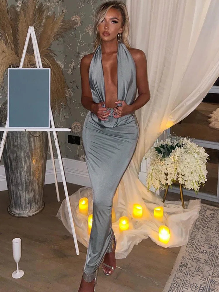Elegant Satin Deep V Neck Sleeveless Maxi Party Dress