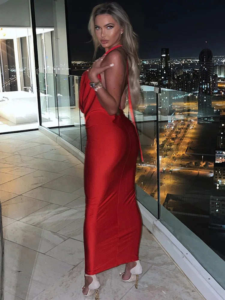 Elegant Satin Deep V Neck Sleeveless Maxi Party Dress