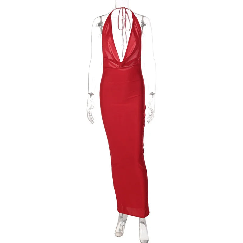 Elegant Satin Deep V Neck Sleeveless Maxi Party Dress