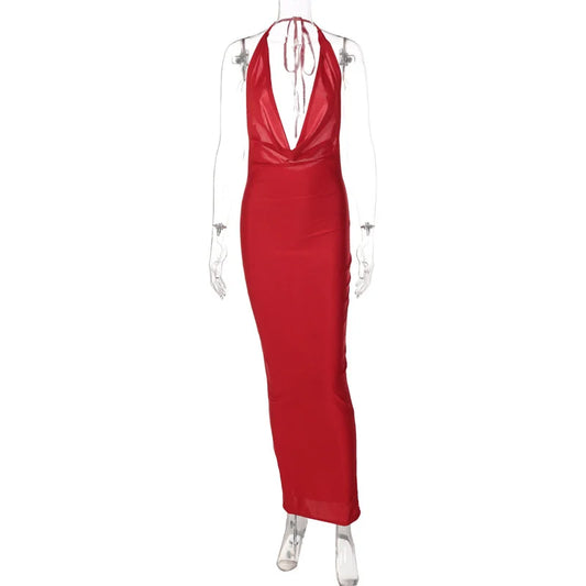 Elegant Satin Deep V Neck Sleeveless Maxi Party Dress