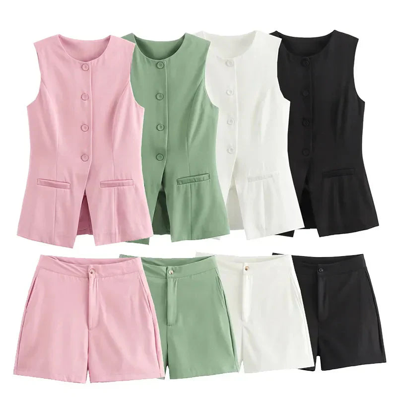 Pilar® | Elegant women's two-piece set vintage short sleeve button placket