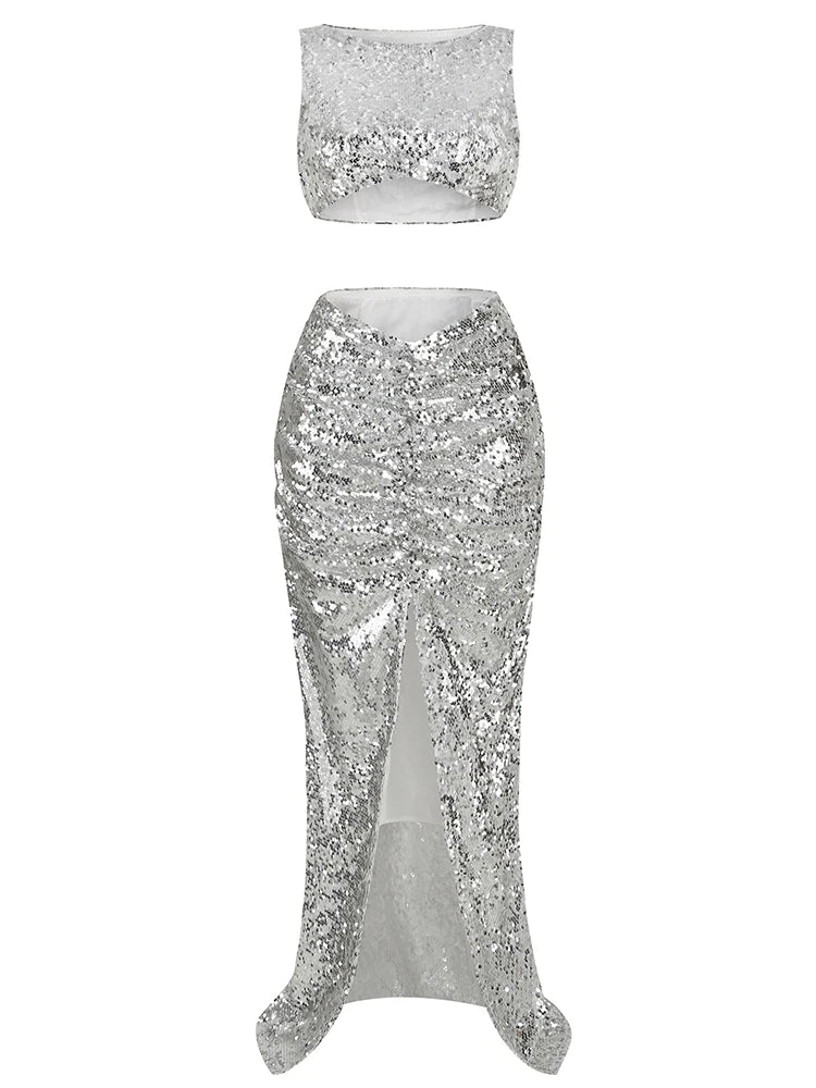 New Summer Silver Fashion Sequins Two-Piece Set Sleeveless Skirt Party Dress