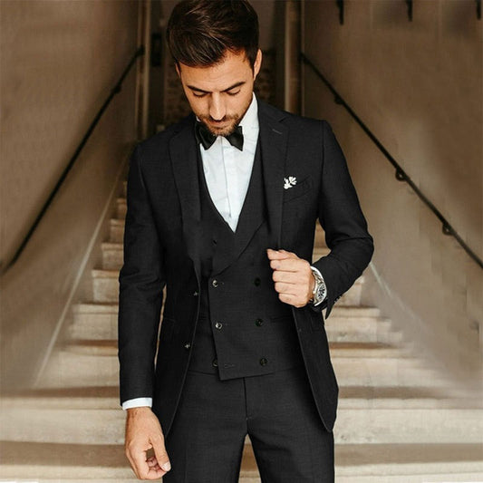 Men’s 3-Piece Suit Set With Single-Breasted Blazer and Double-Breasted Vest
