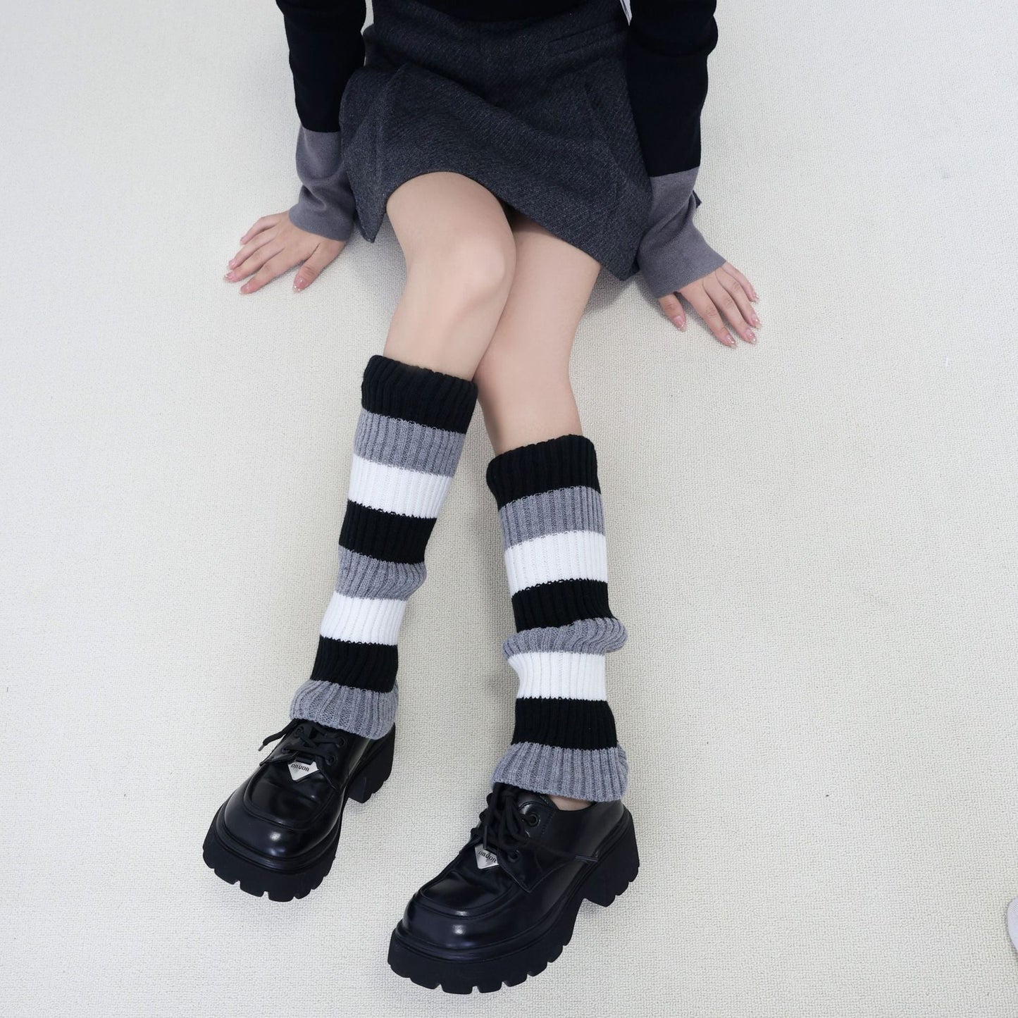 Knit Striped Color Block Slouchy Red Leg Warmers