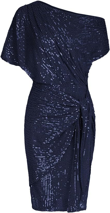 Trimmed Glitter One Shoulder Pleated Dress