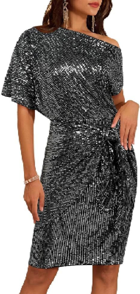 Trimmed Glitter One Shoulder Pleated Dress