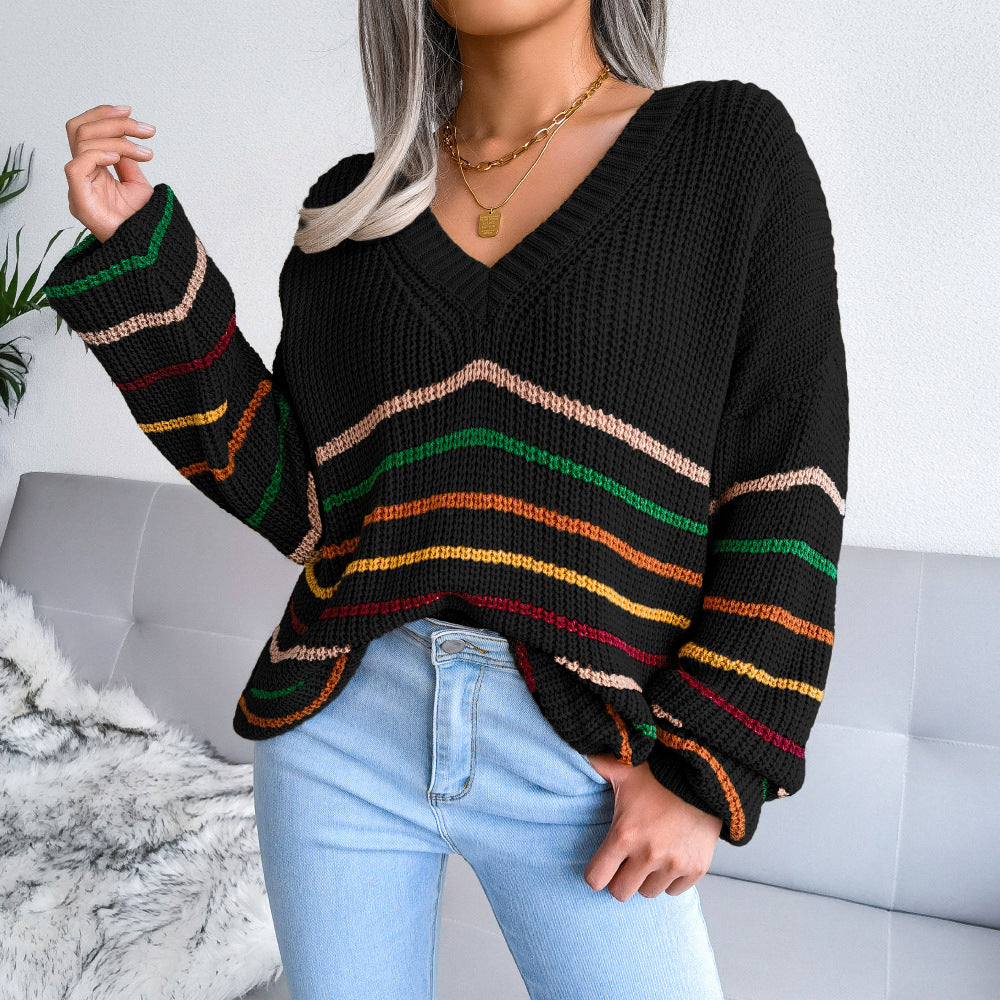 Amelia | Cozy knitted sweater with colorful stripes and V-neck