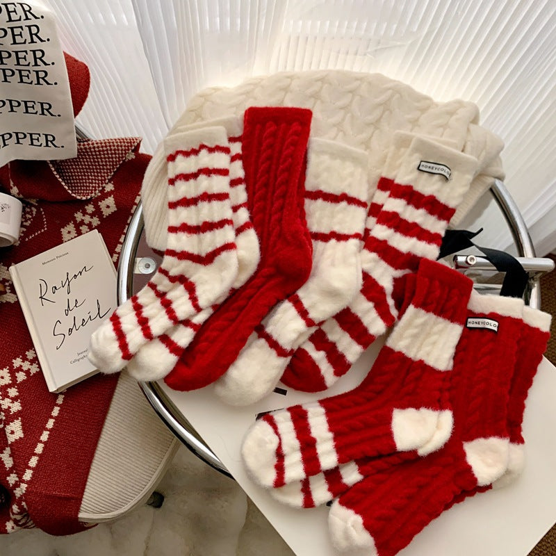 Red Striped Cashmere Blend Warm Mid Calf Socks