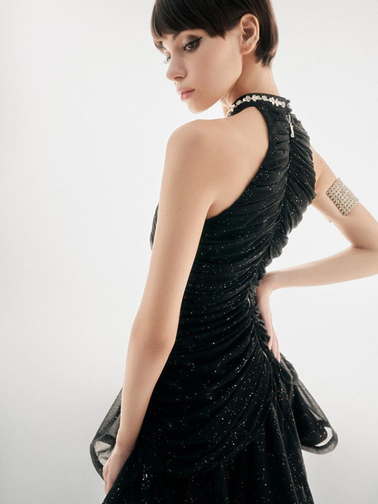 Waist-Length Rhinestone Halter Neck A-Line Dress