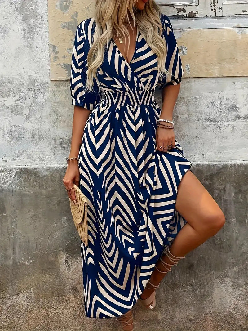 Isabella® | Elegant V-Neck Dress With Geometric Print