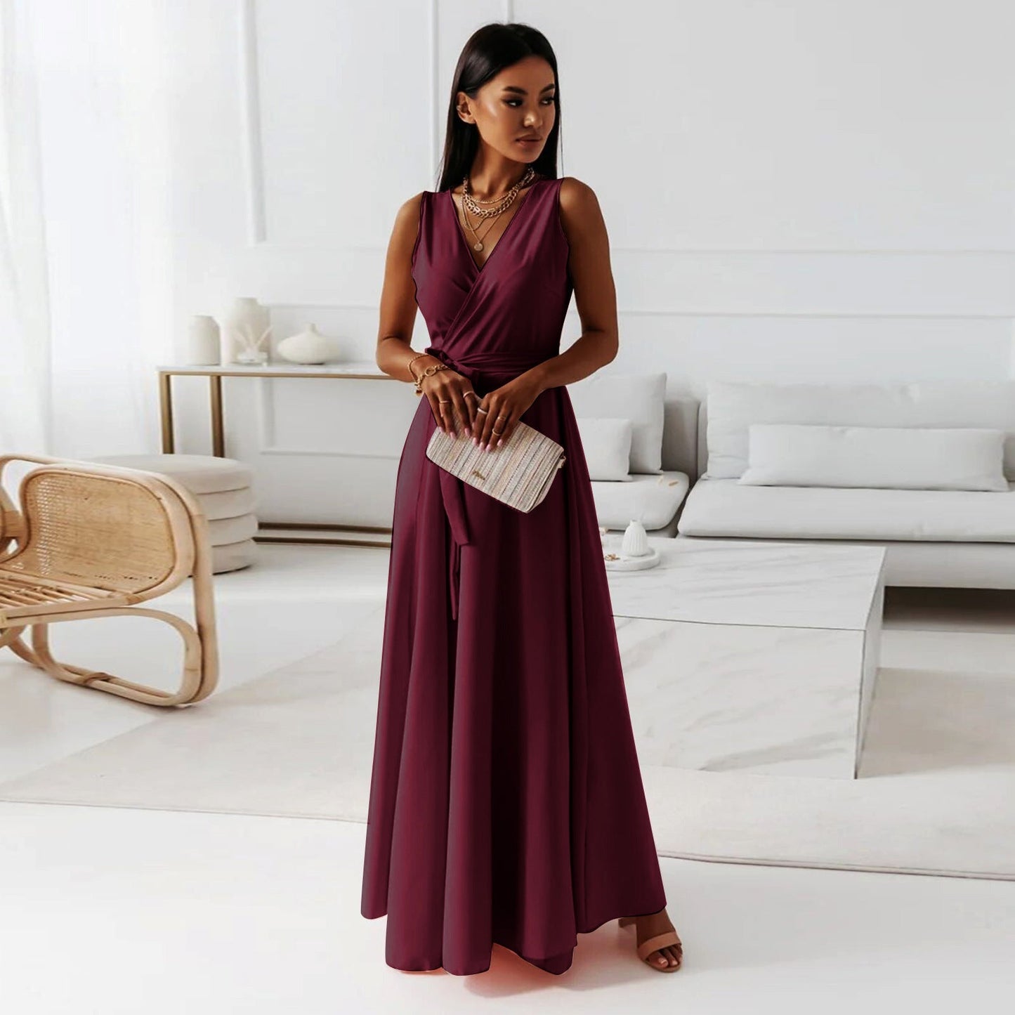 Edvige® | Women'S Solid Color V-Neck Long Dress