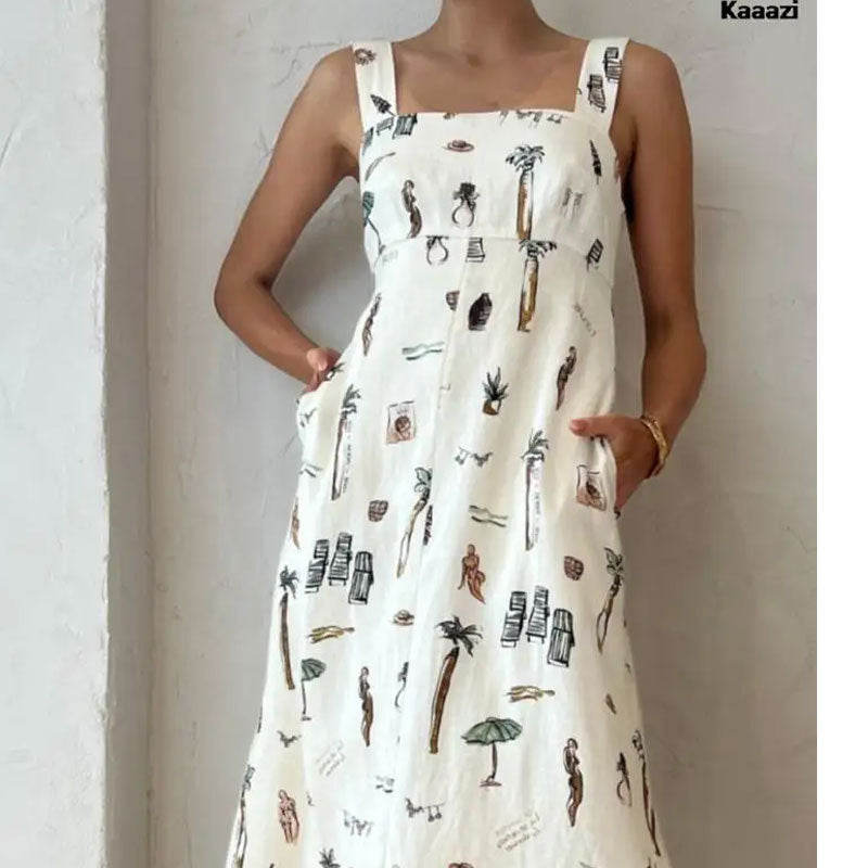 Sleeveless Tie-Strap Print Swing Dress