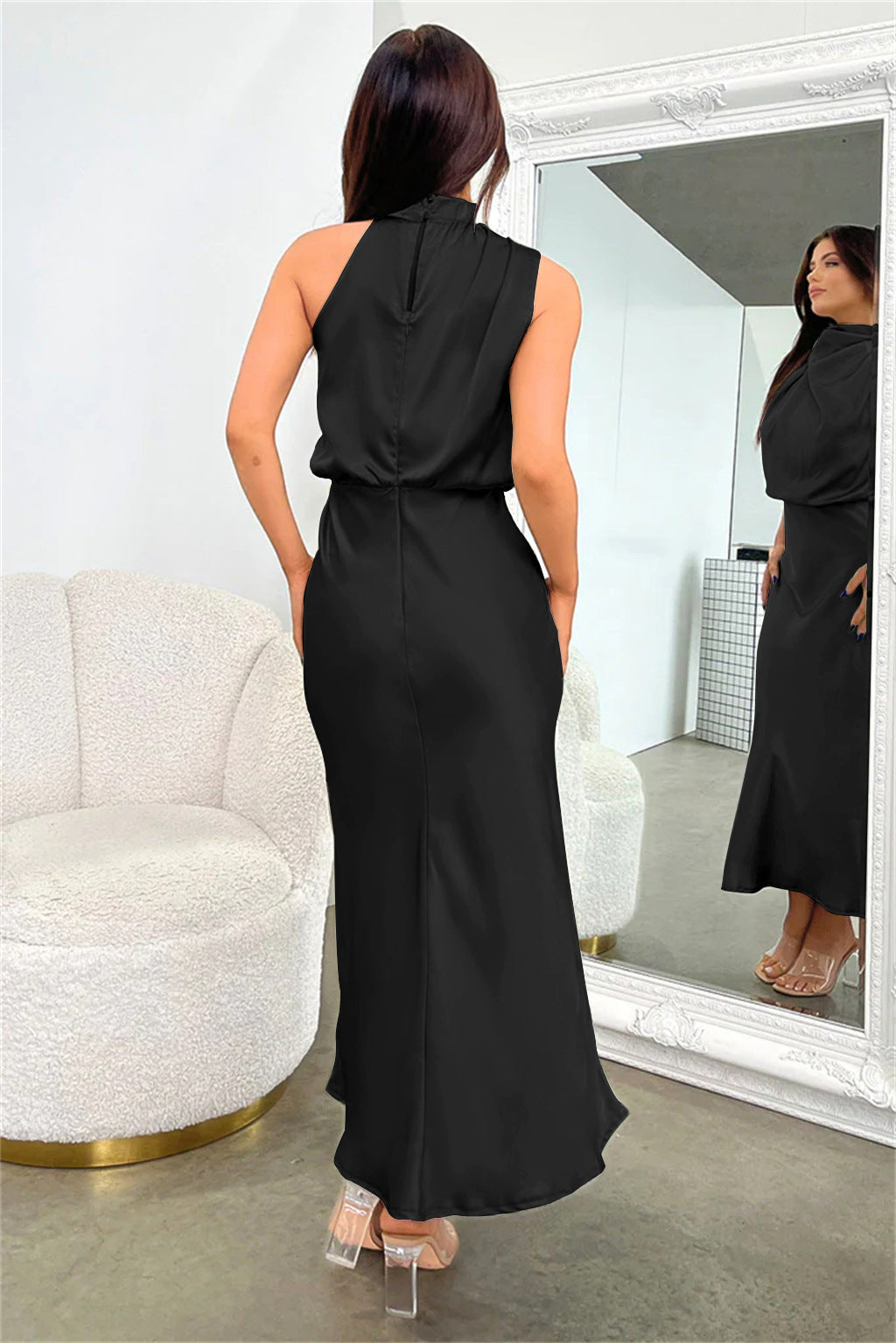 Vanessa® | Long Satin Dress With American Neckline
