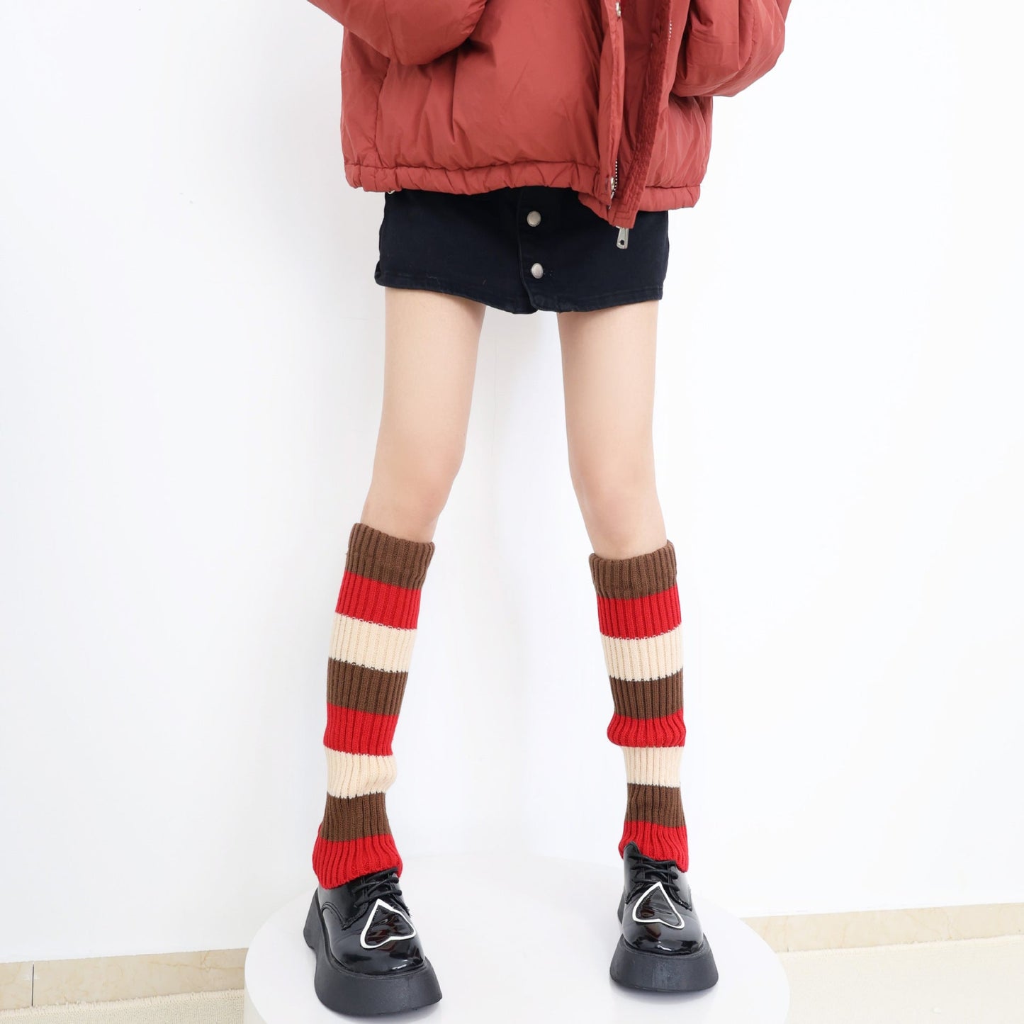 Knit Striped Color Block Slouchy Red Leg Warmers