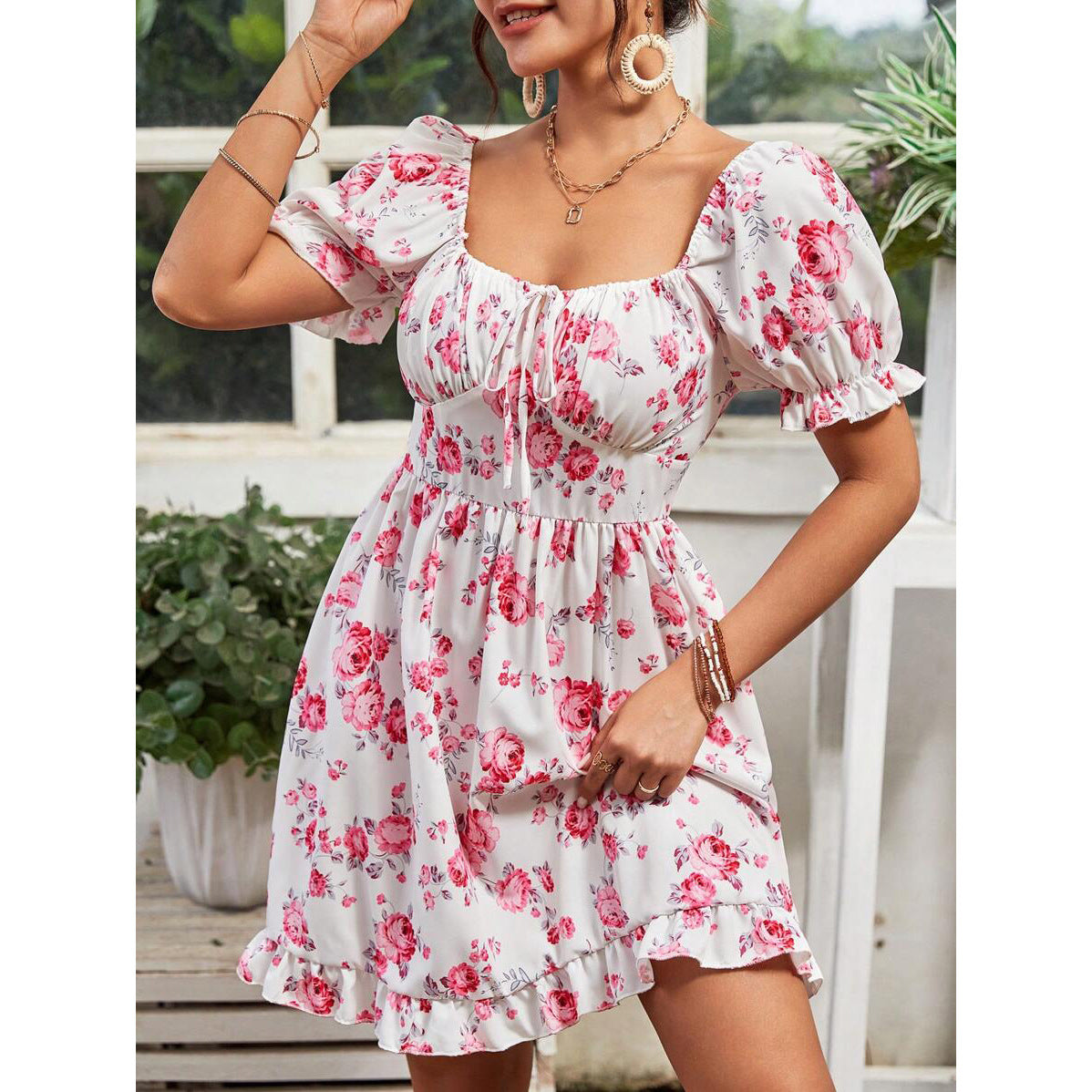 Tatiana® | Women'S Floral Basic Dress With Puff Sleeves And Adjustable Neckline