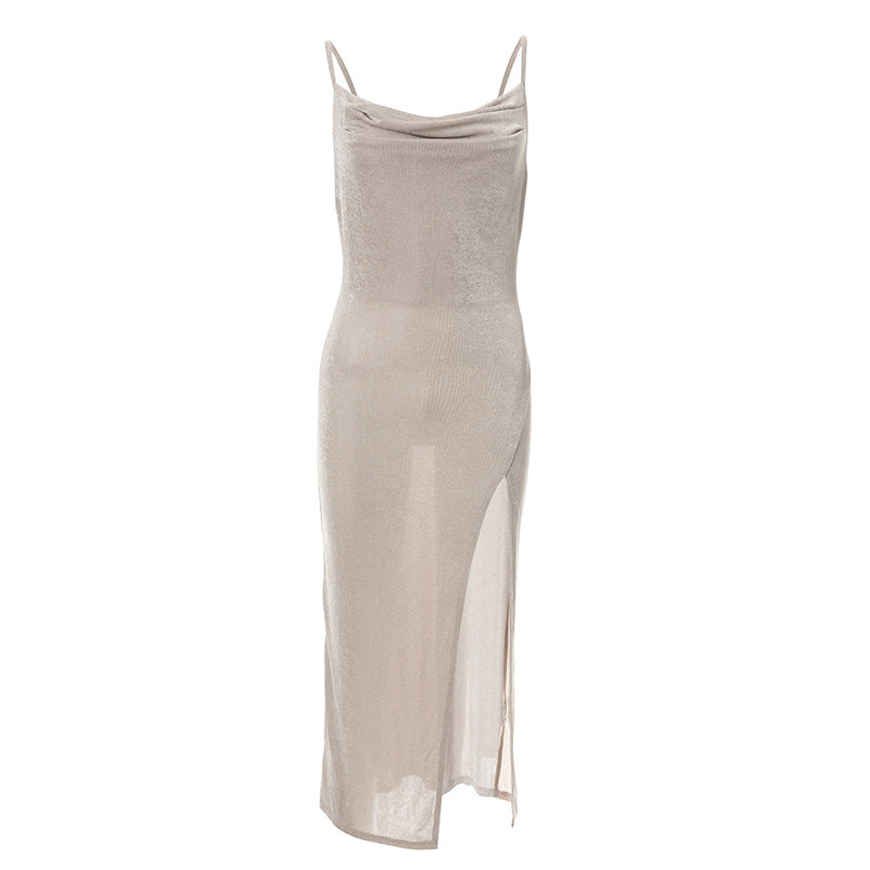 Sling Low Cut High Waist Pleated Maxi Dress