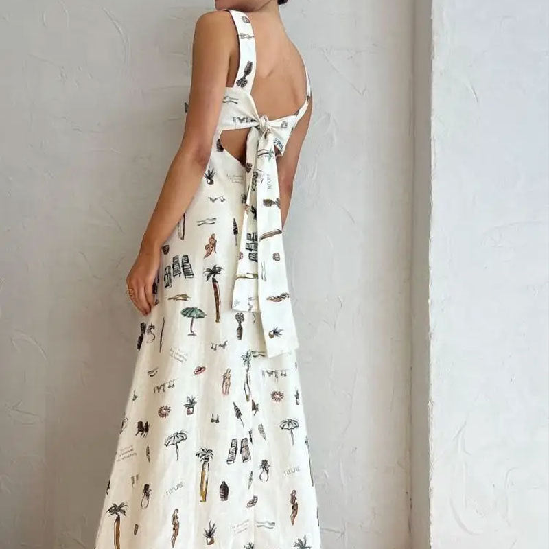 Sleeveless Tie-Strap Print Swing Dress
