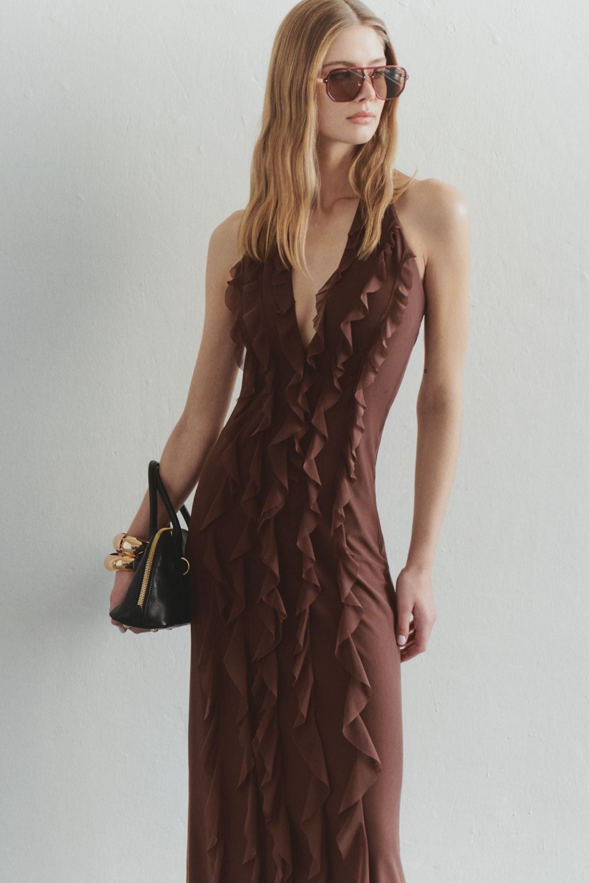 Yellow solid color halter back lace dress