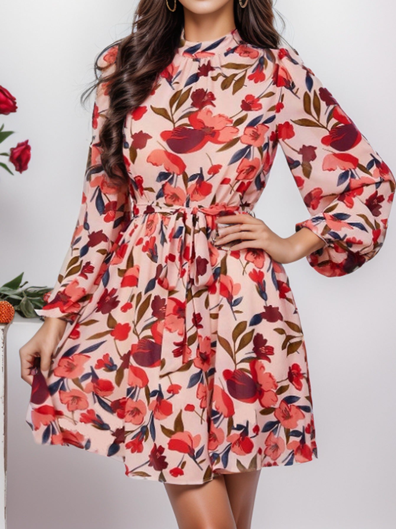 Nerea® | Women'S Floral Print Dress With Waist Belt And Long Sleeves