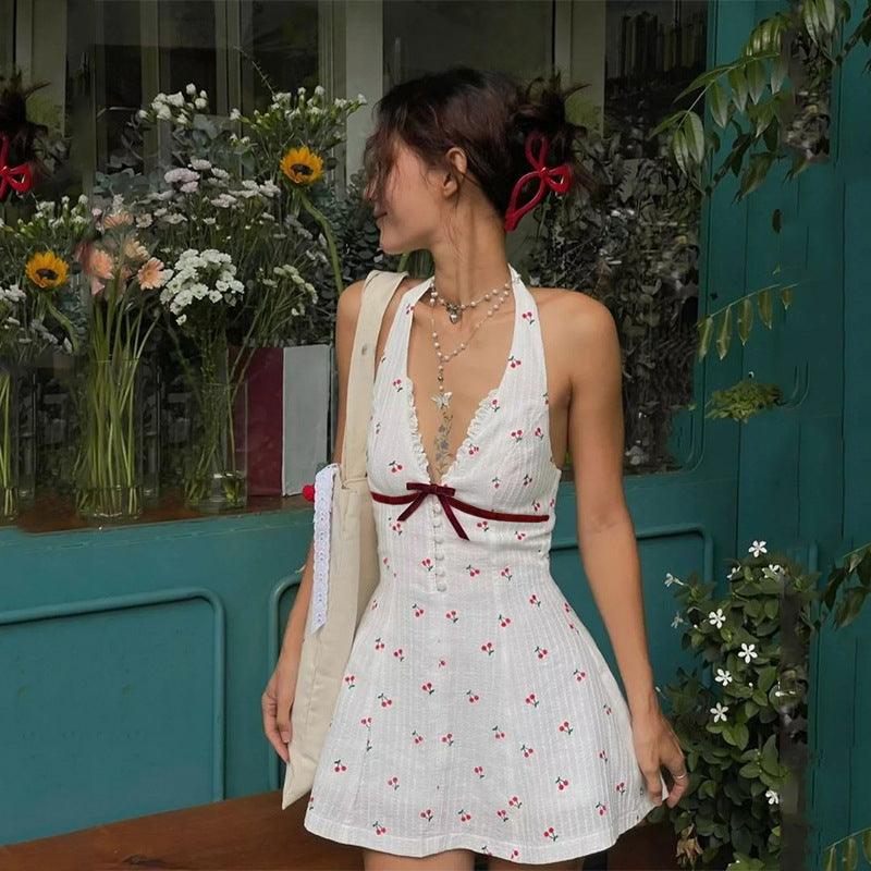 Deep V Buttoned Backless Cherry Print Halter Dress