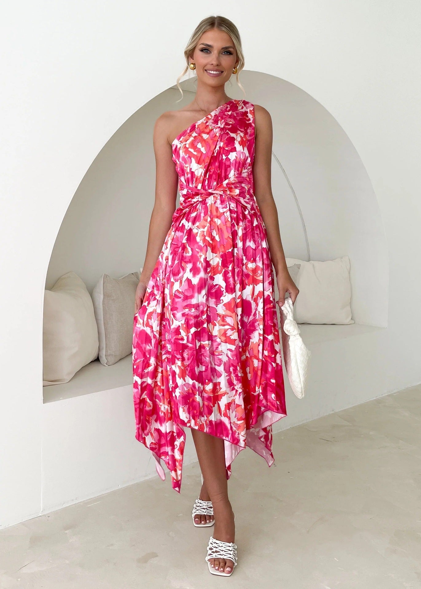 Tatiana® | Women'S Asymmetrical Evening Dress With Floral Design And Waist Belt