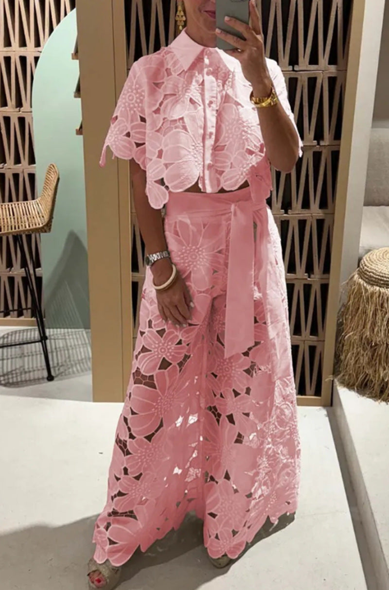 Rosa® | Women'S Evening Set With Floral Cut-Out Design And Waist Belt