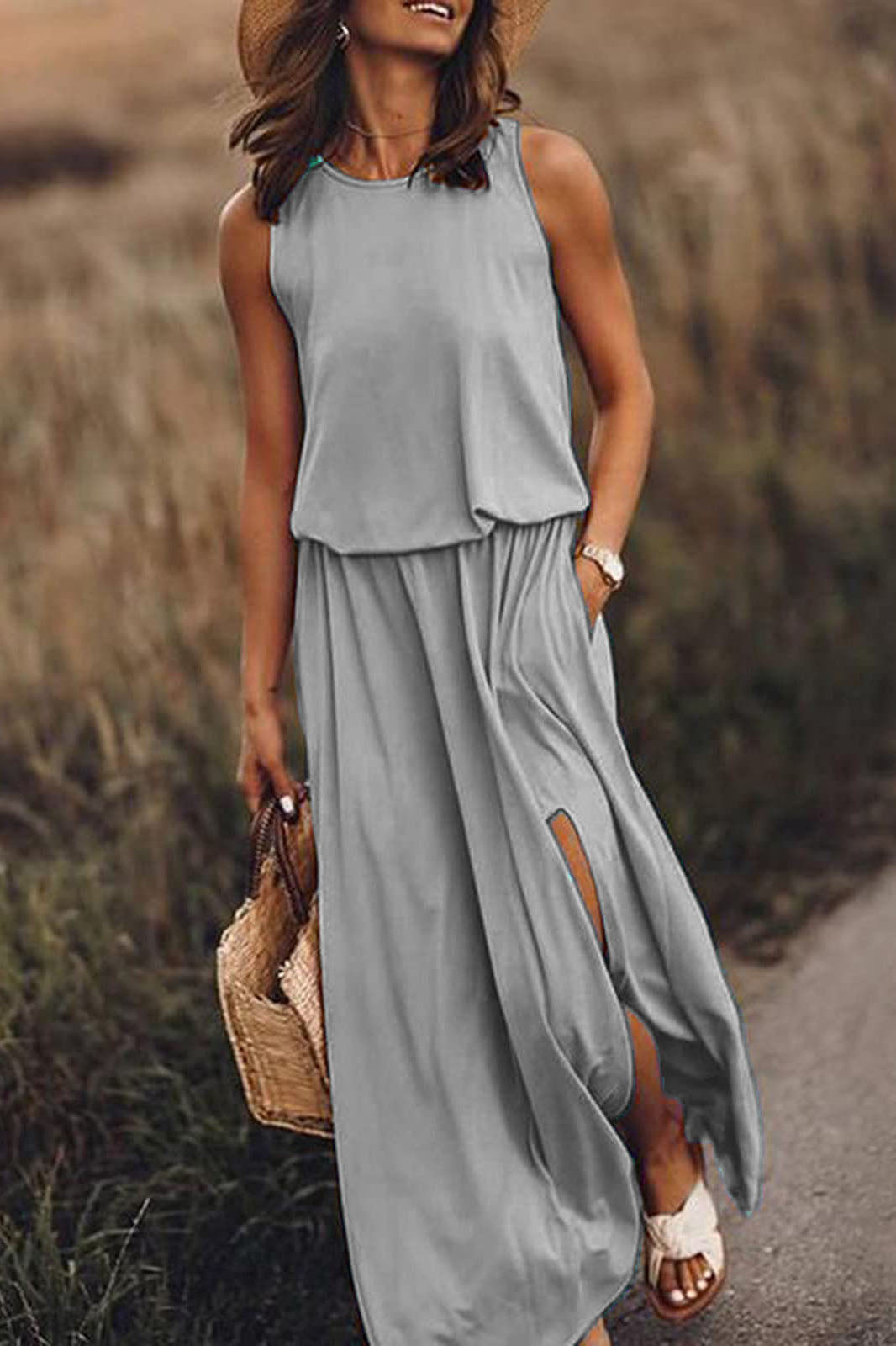 Round Neck Sleeveless Split Solid Maxi Dress