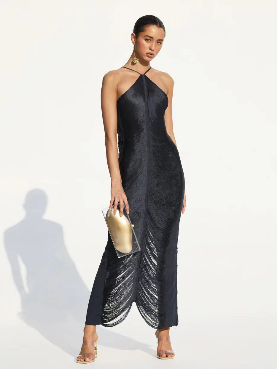 Tassel Back Slit Halter Neck Dress