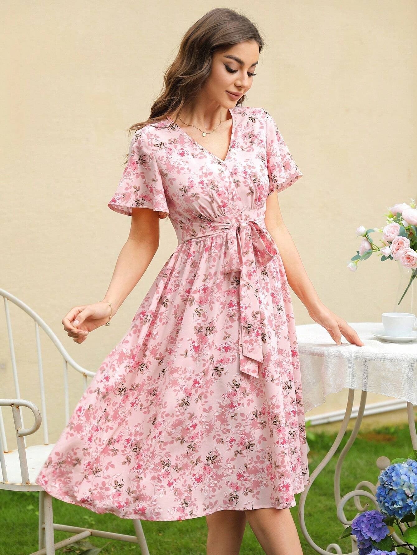 Zuleyka® | Women'S Floral Dress With V-Neck And Tailored Tie Belt