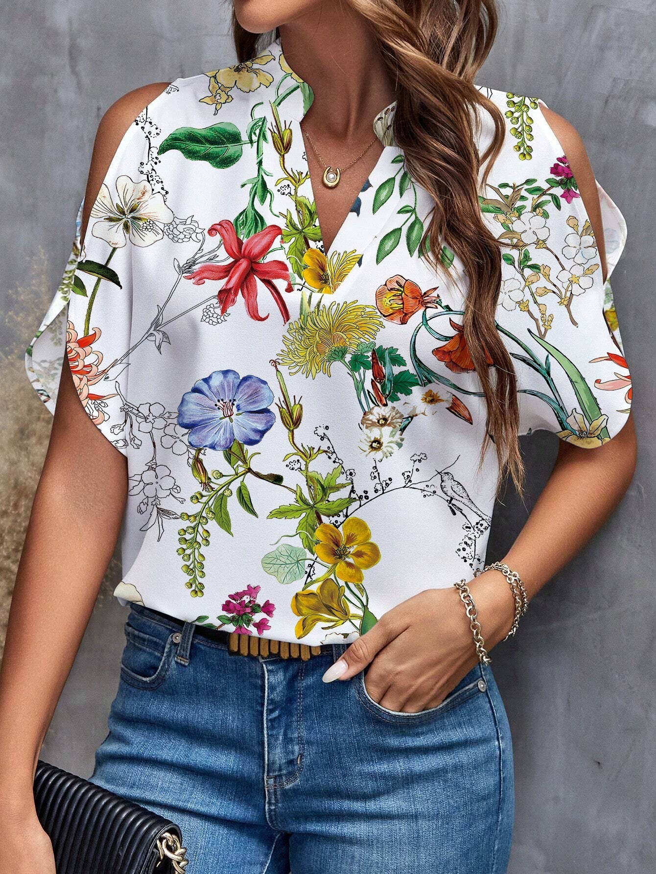 Leire® | Women'S Blouse With Off-The-Shoulder Details And Floral Pattern