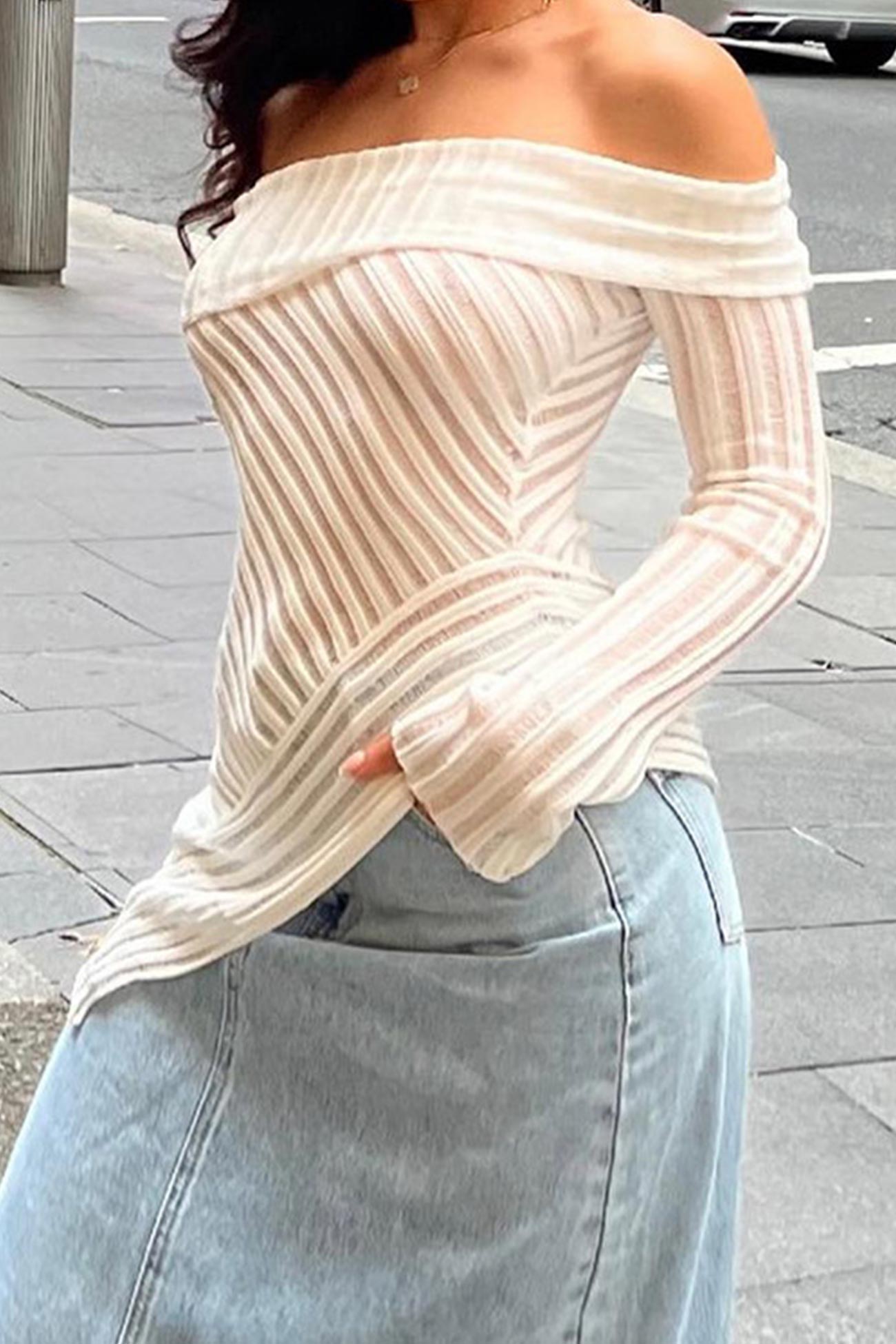 Nina | Off shoulder striped structured hollow out tops