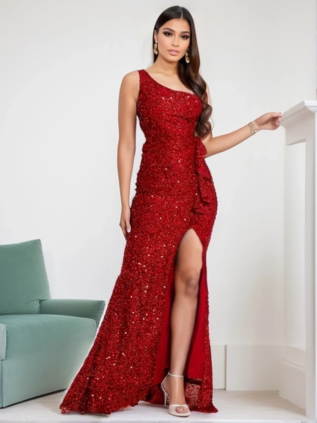 One Shoulder Red Sequined Ruffles Slit Evening Party Backless Lace Party Dress