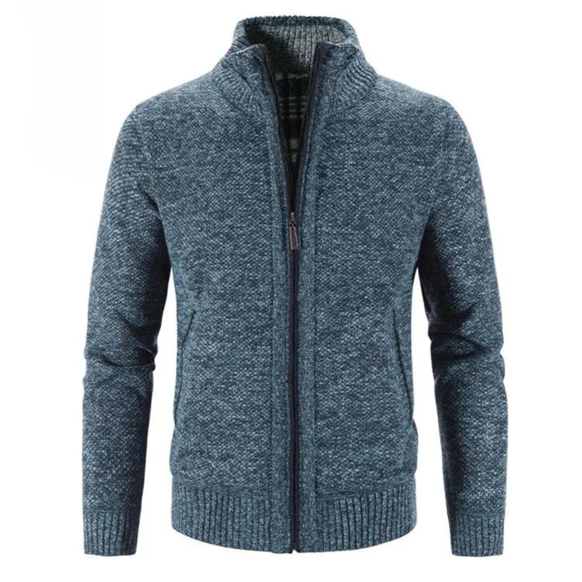 Men's Structured Zip-Up Cardigan with Mock Neck and Contrast Trim
