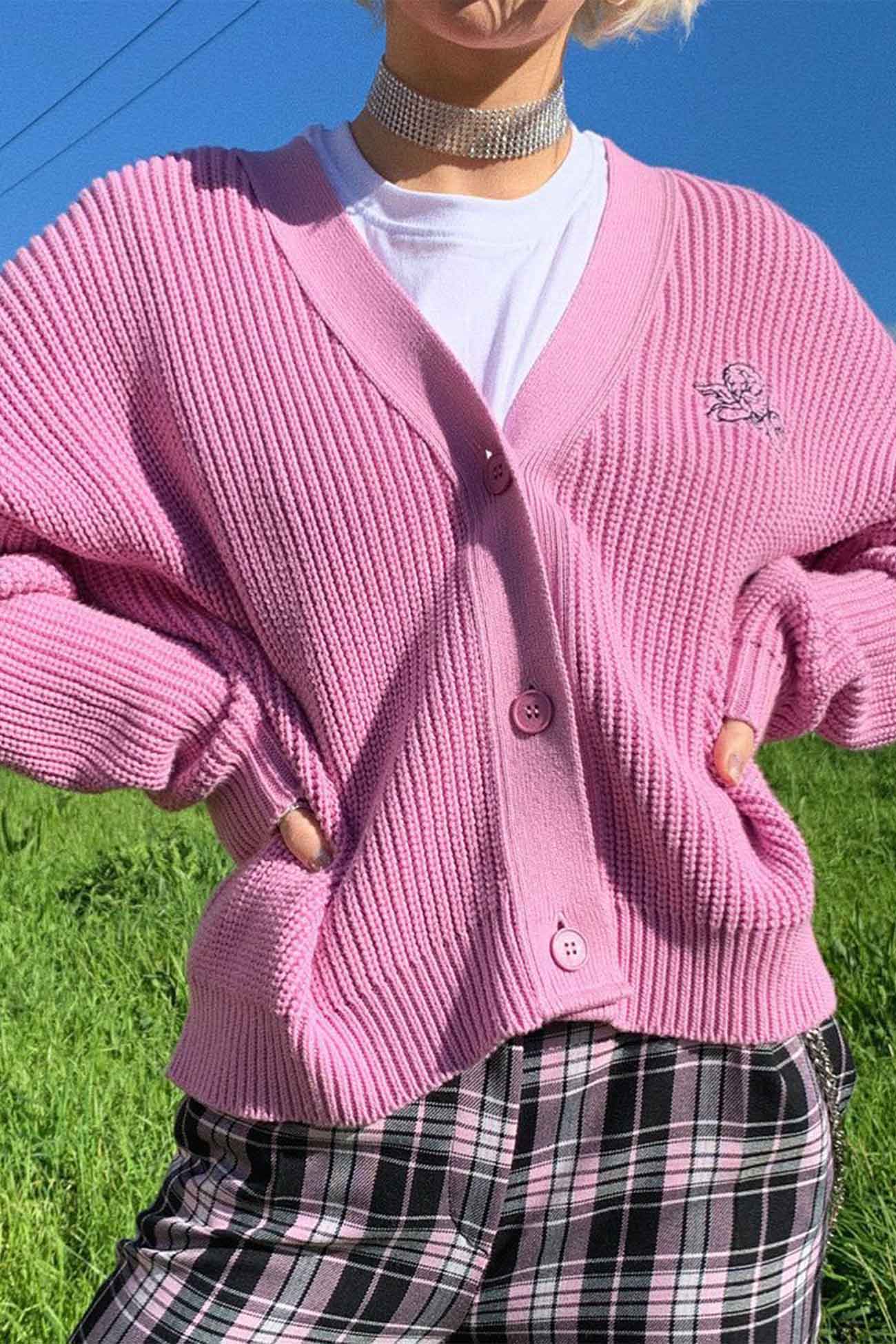 Marta | Pink cardigan with embroidered letters and buttons on the front