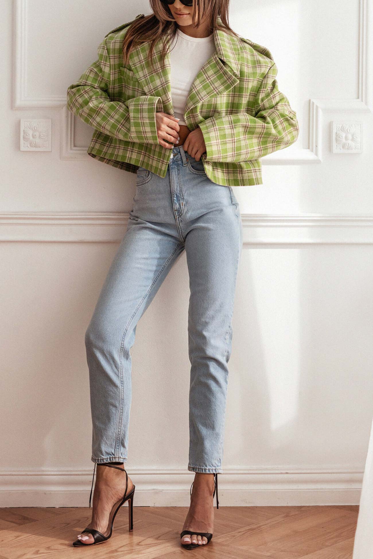 Alma | Checked crop blazer with button placket