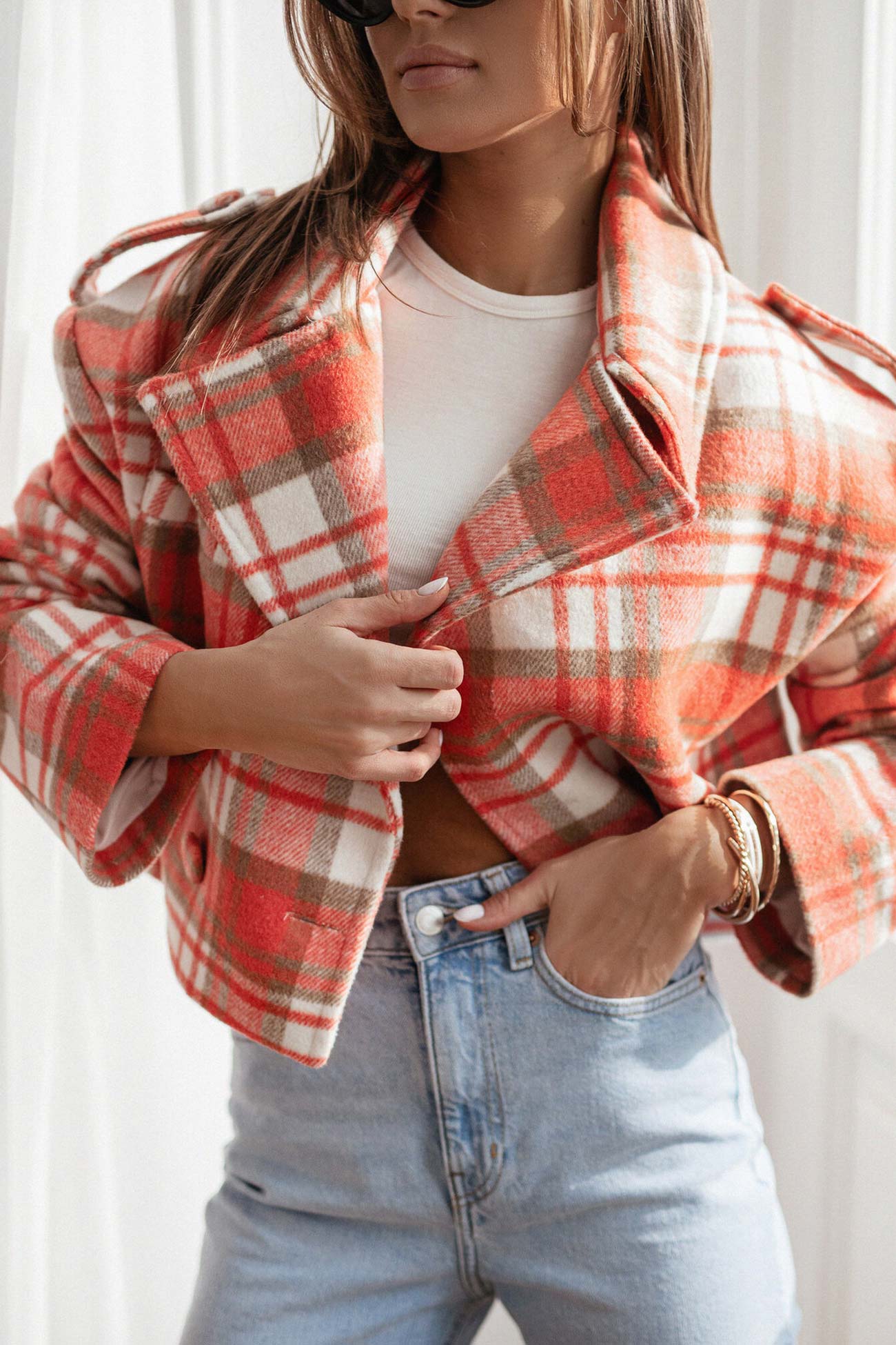 Alma | Checked crop blazer with button placket