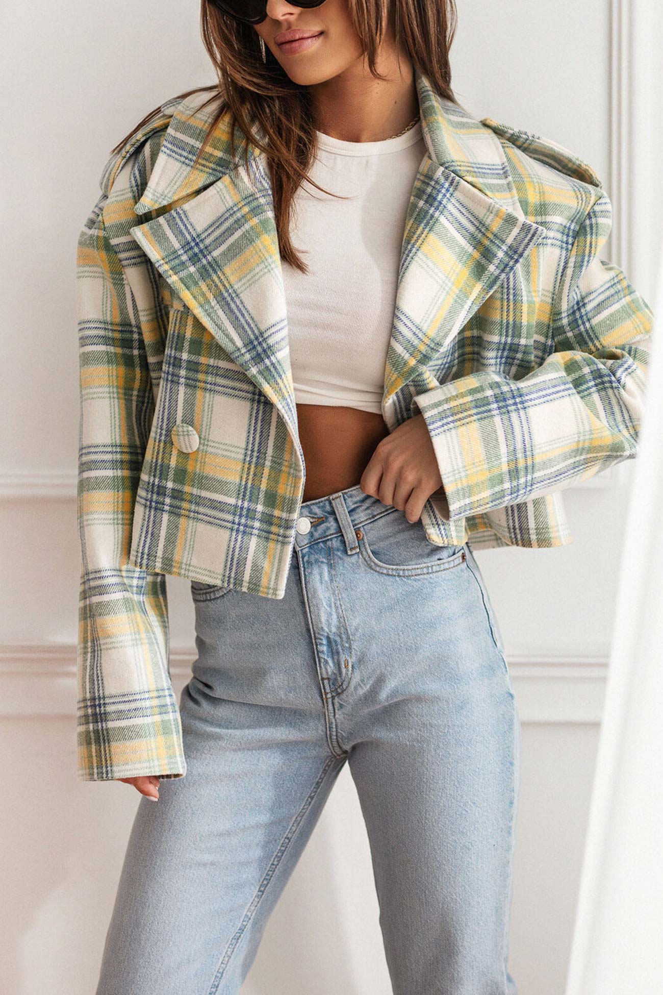 Alma | Checked crop blazer with button placket