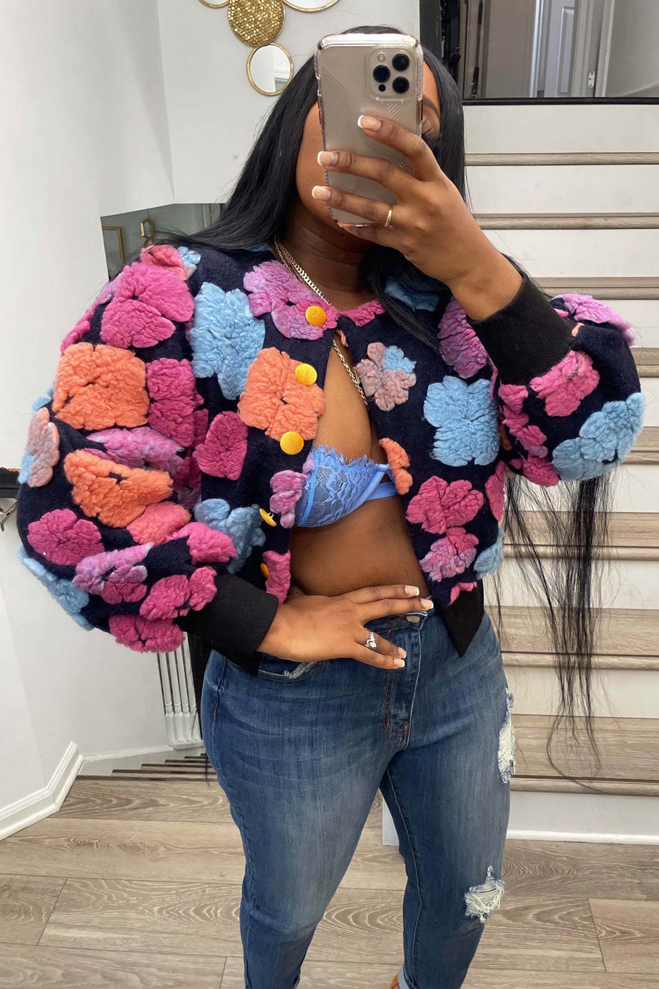 Monica | Floral jacquard cardigan with puff sleeves