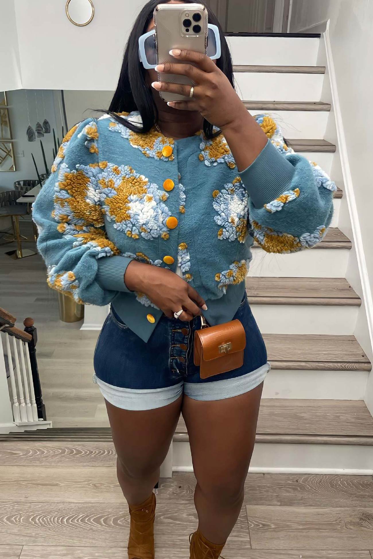 Monica | Floral jacquard cardigan with puff sleeves