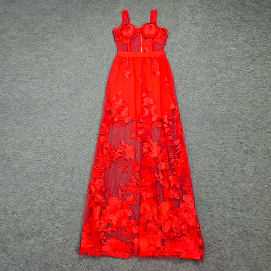 Red Color Celebrity Fashion Sleeveless Sexy Backless Lace Long Dress Party Dress