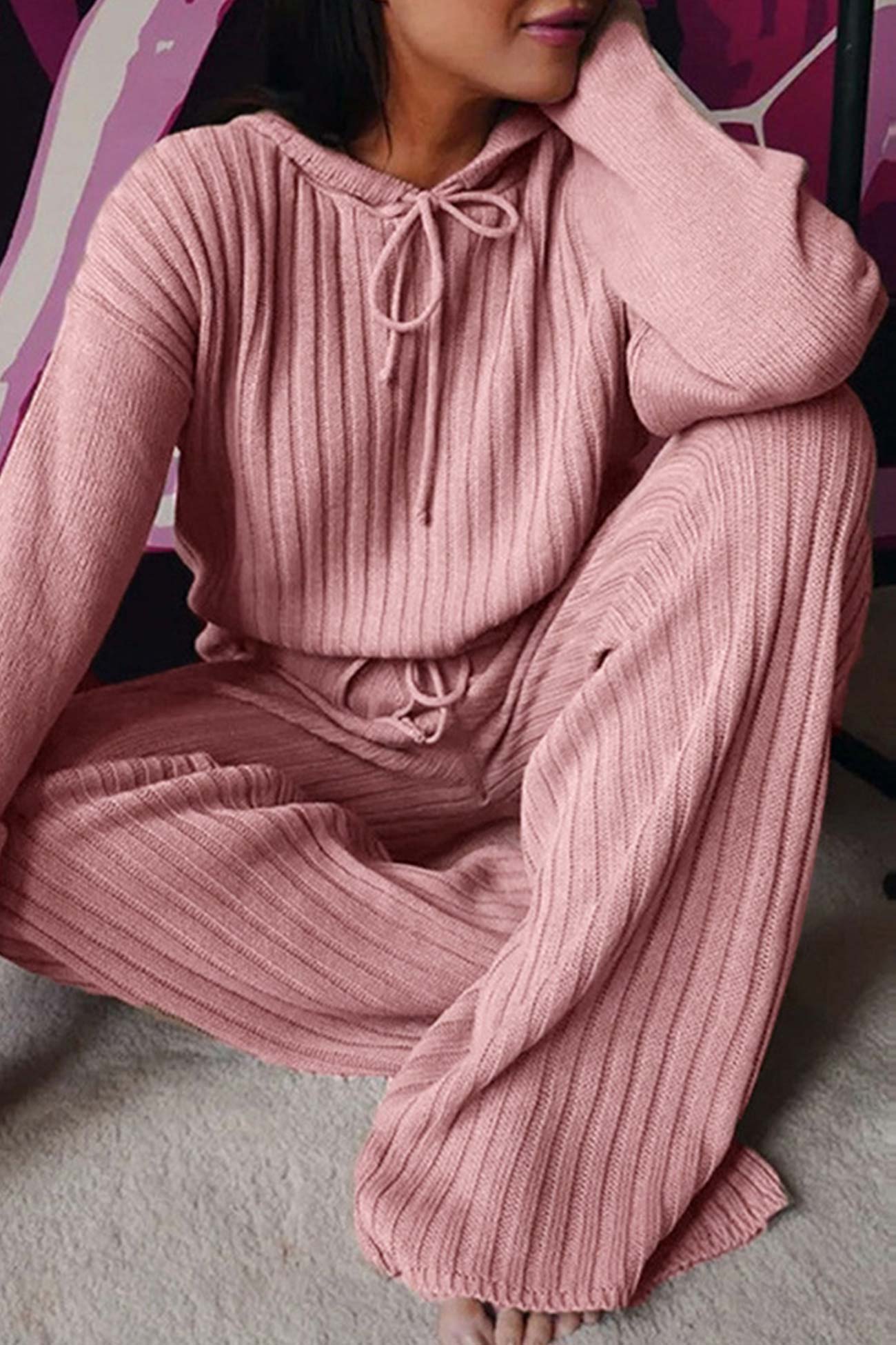 Verónica | Long pants set with a ribbed hoodie and drawstring