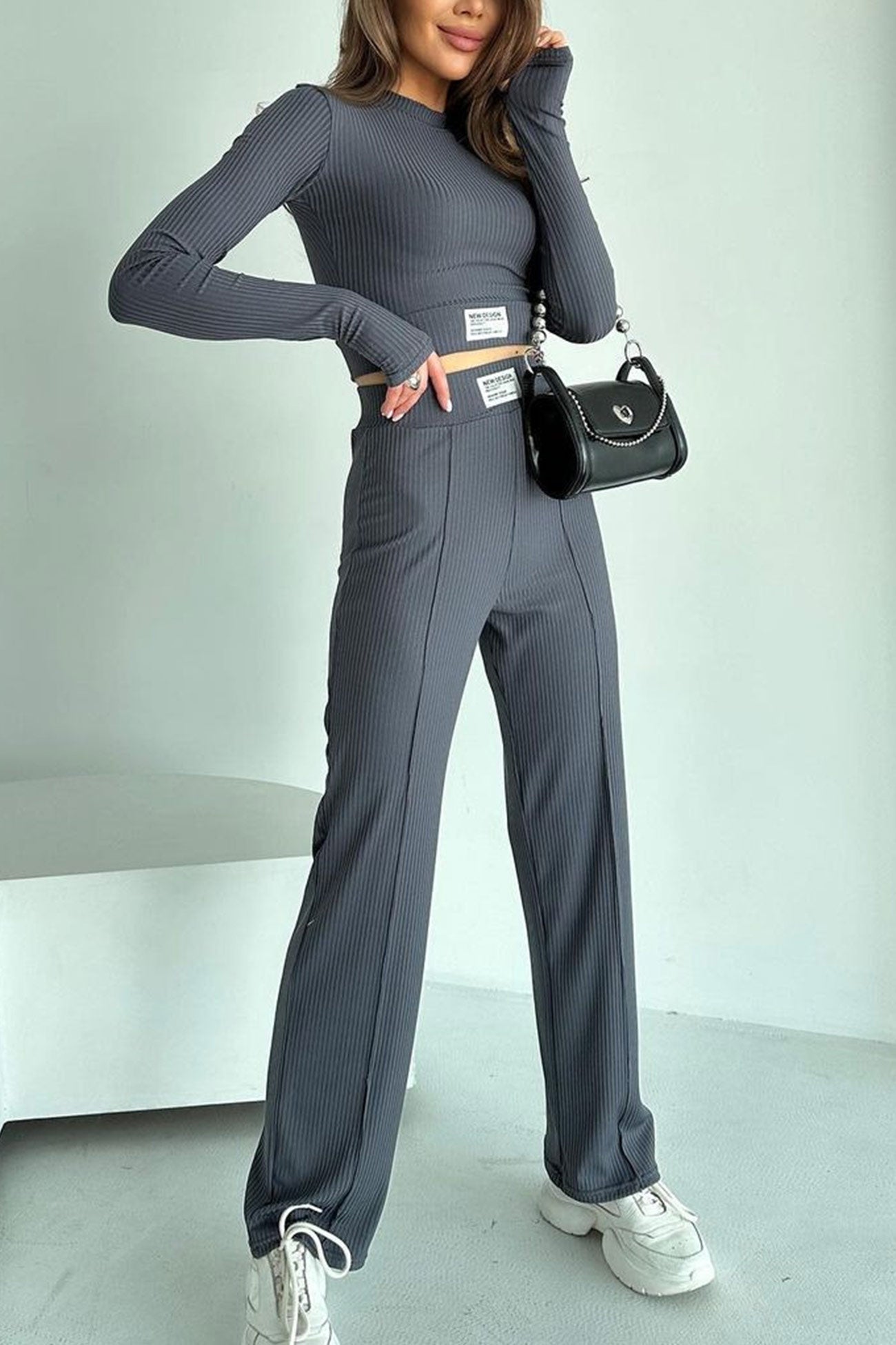 Lidia | Long pants suits with ribbed knit crop top