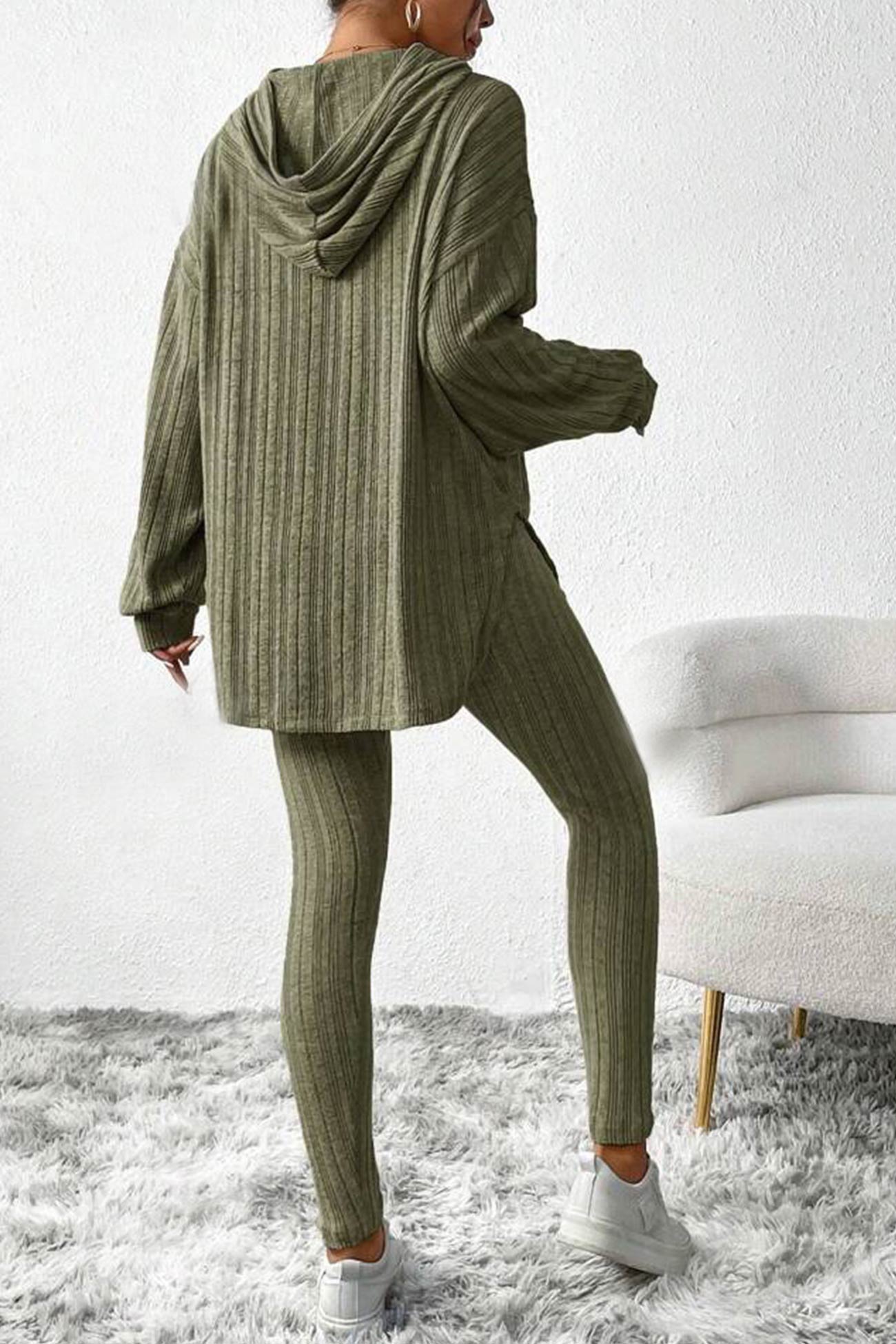 Fabiola | Ribbed Slit Mid Length Hoodie Leggings Set