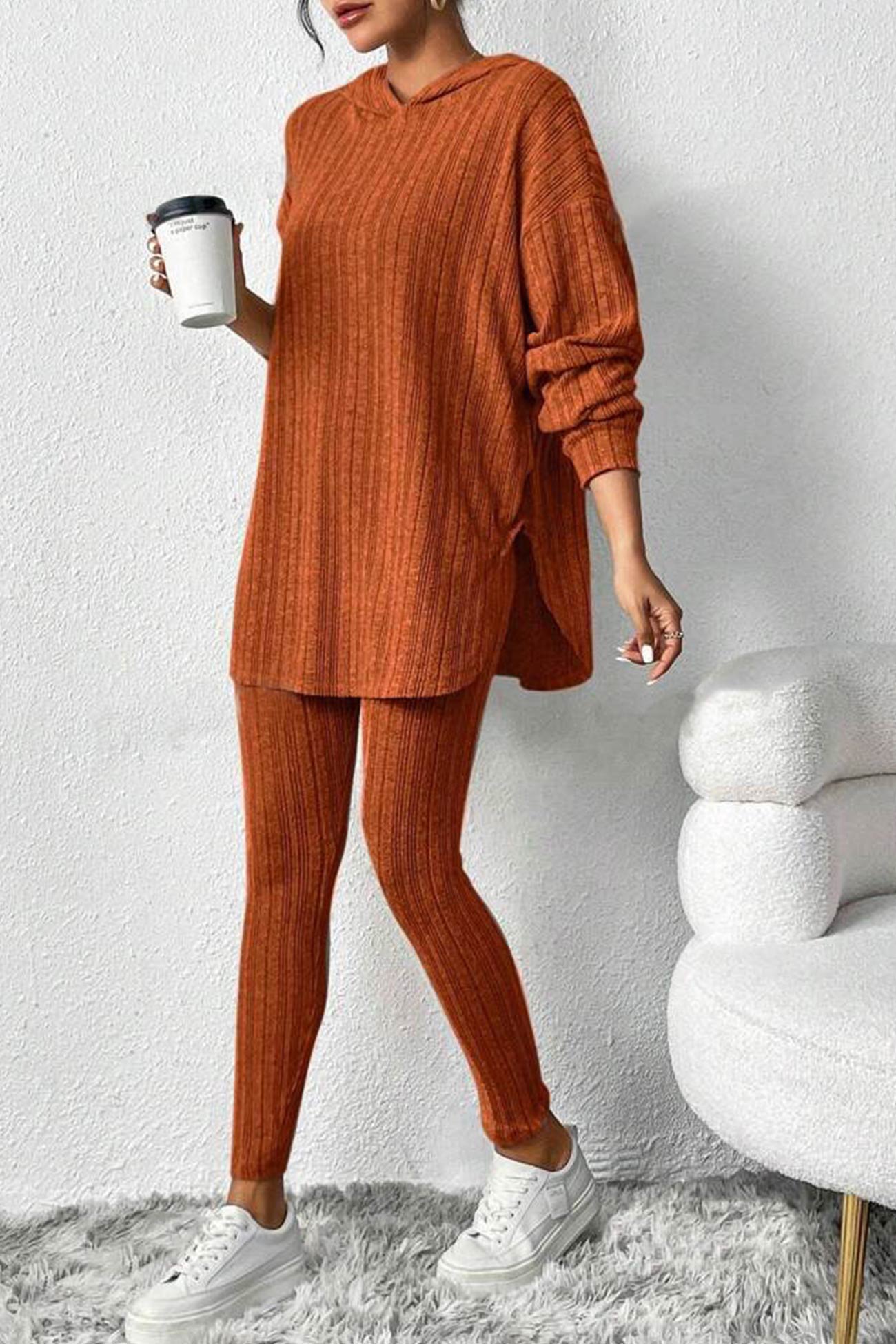 Fabiola | Ribbed Slit Mid Length Hoodie Leggings Set