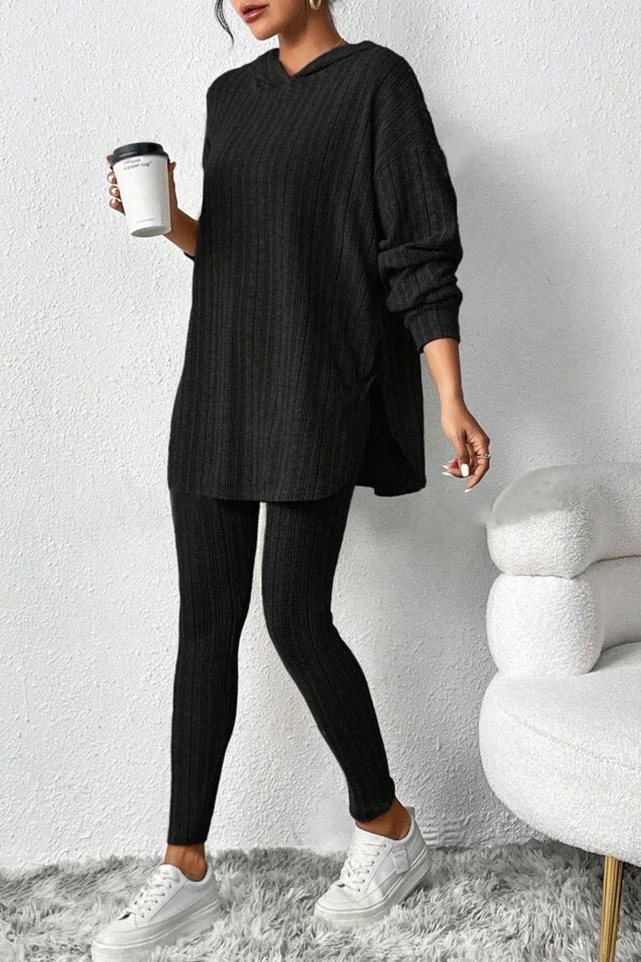 Fabiola | Ribbed Slit Mid Length Hoodie Leggings Set