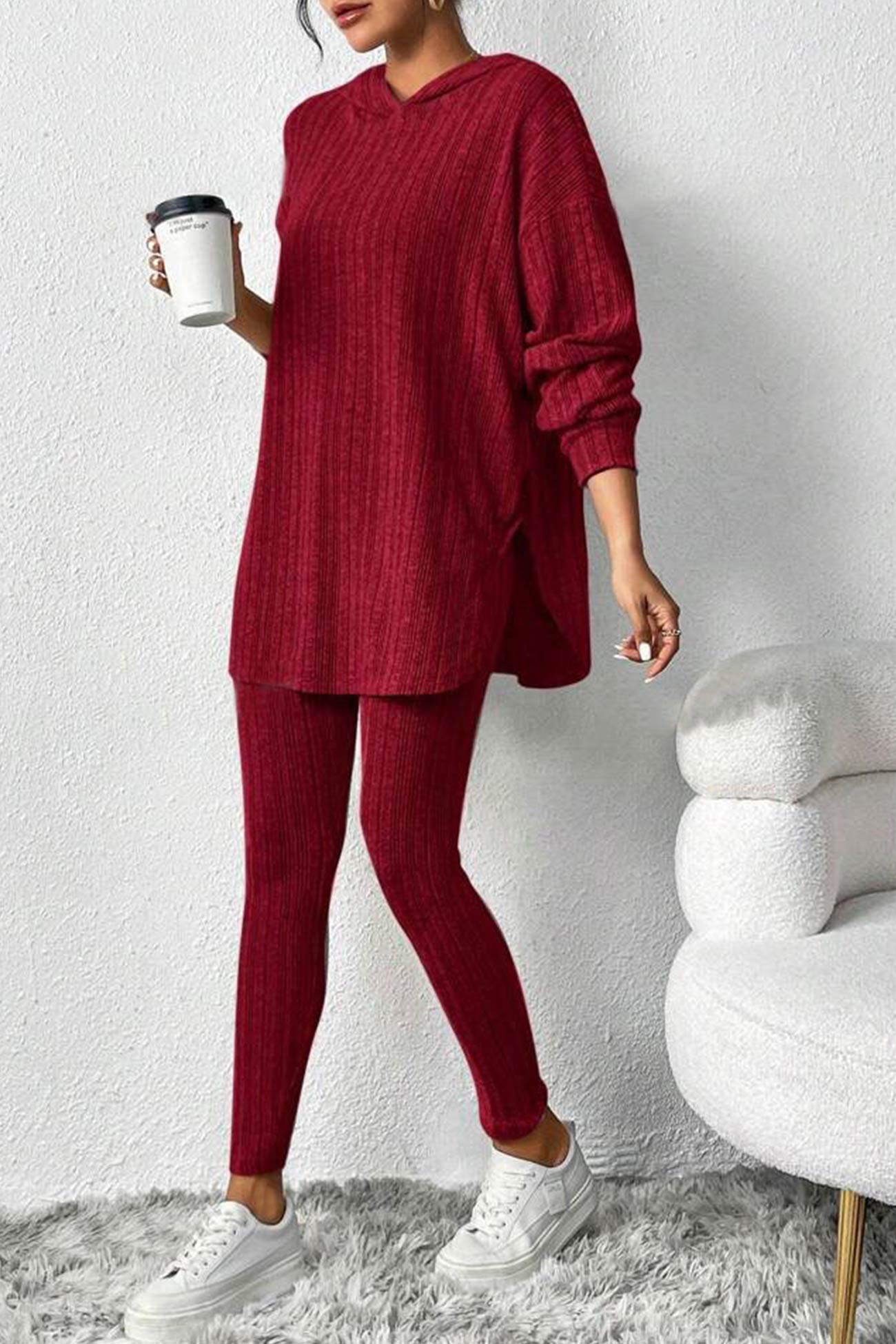 Fabiola | Ribbed Slit Mid Length Hoodie Leggings Set
